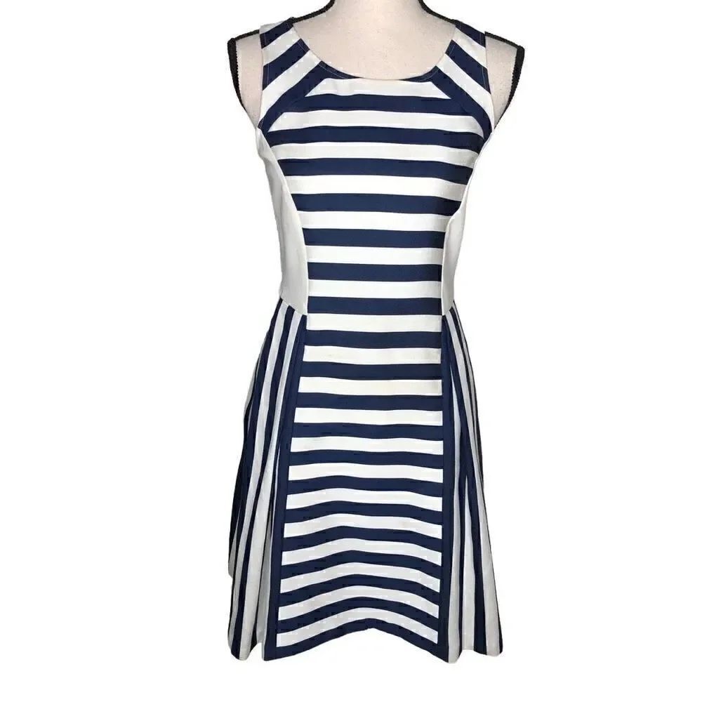 DKNY Navy and Cream Striped Fit and Flare Dress